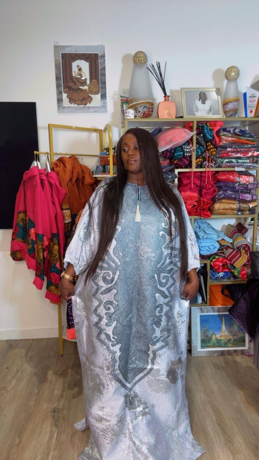 Grey Embroidered Brocade Maxi Dress - Image 3