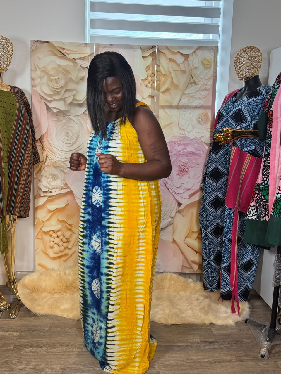 Adire Sleeveless Long Dress Yellow - Image 2