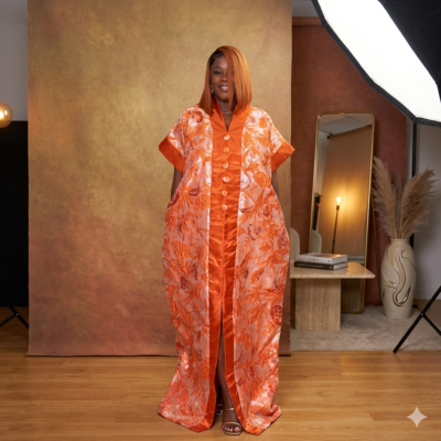 Orange Brocade Button Kaftan